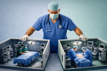 Surgeon with hands in two rooms at once